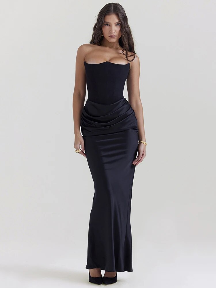 Satin Strapless Corset Ruched Waist Mermaid Maxi Dress - View 3