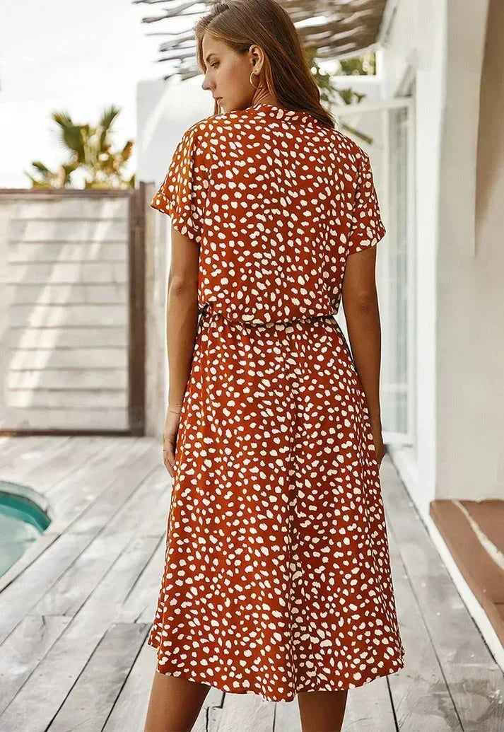 Animal Print Collared Short Sleeve Drawstring Midi Shirt Dress 10