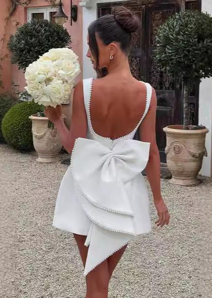 Pearl Trim Boat Neck Pleated Pocket Bow Back A-Line Mini Dress - View 4