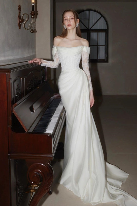 Satin Off Shoulder Long Sleeve Corset Mermaid Prom Dress - View 3