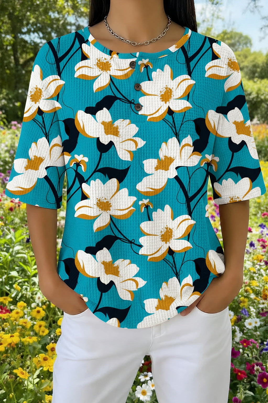 Floral Waffle Knit Round Neck Half Sleeve Top