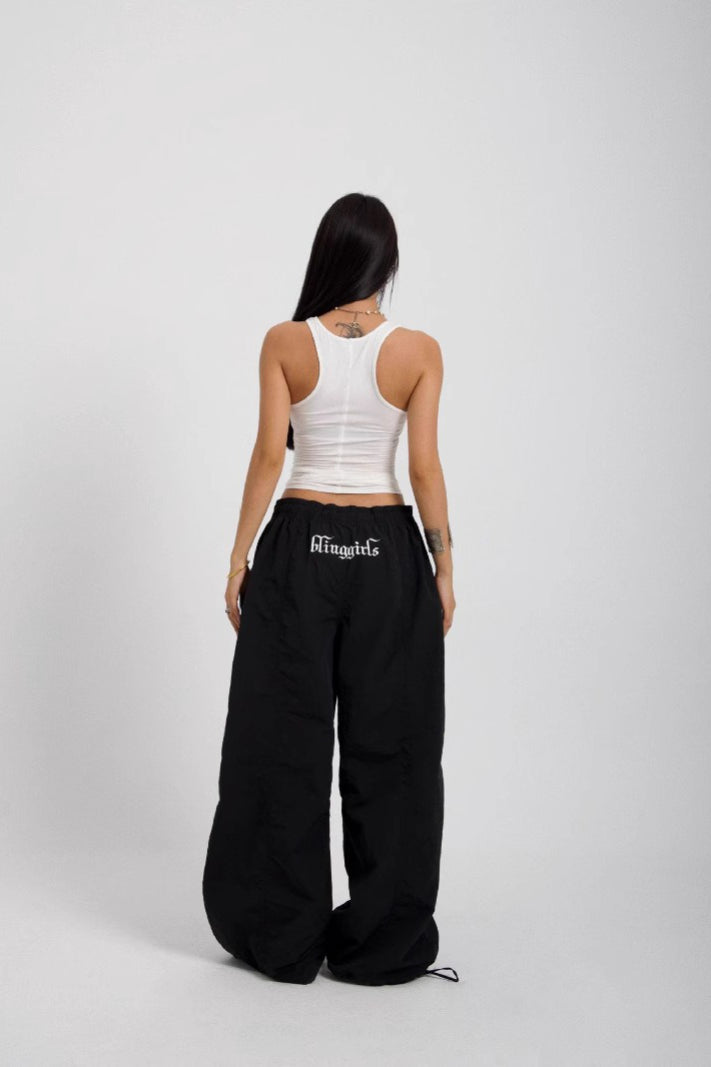 Embroidered Parachute Cargo Straight-Leg Cargo Pants