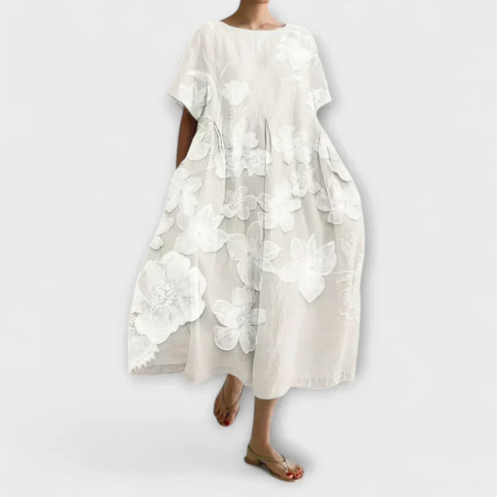 Floral Applique Round Neck Short Sleeve Pocket Midi Dress