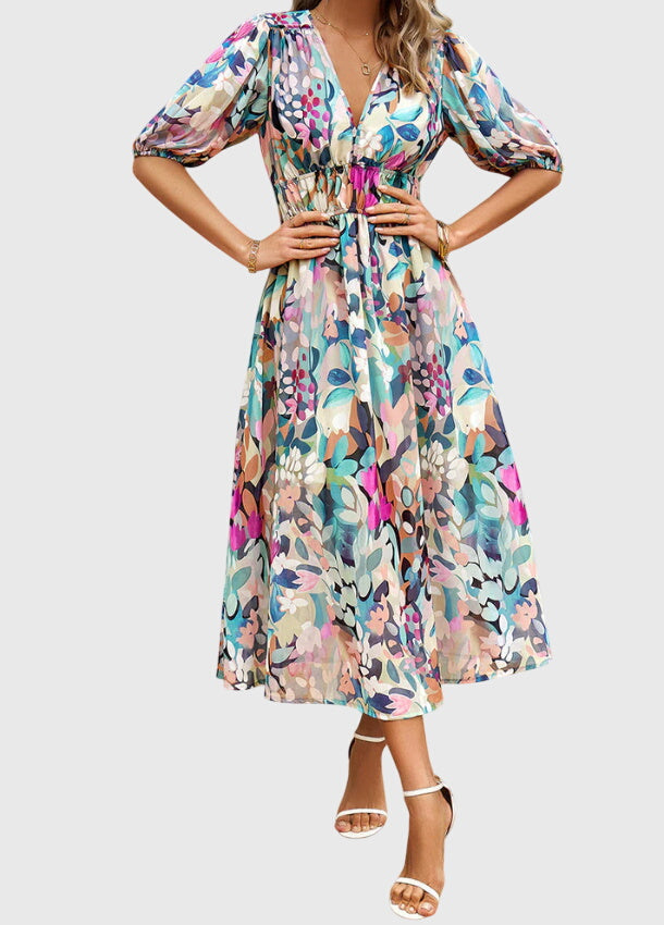 Floral Print Deep V-Neck Puff Sleeve High Waist Maxi Dress 3