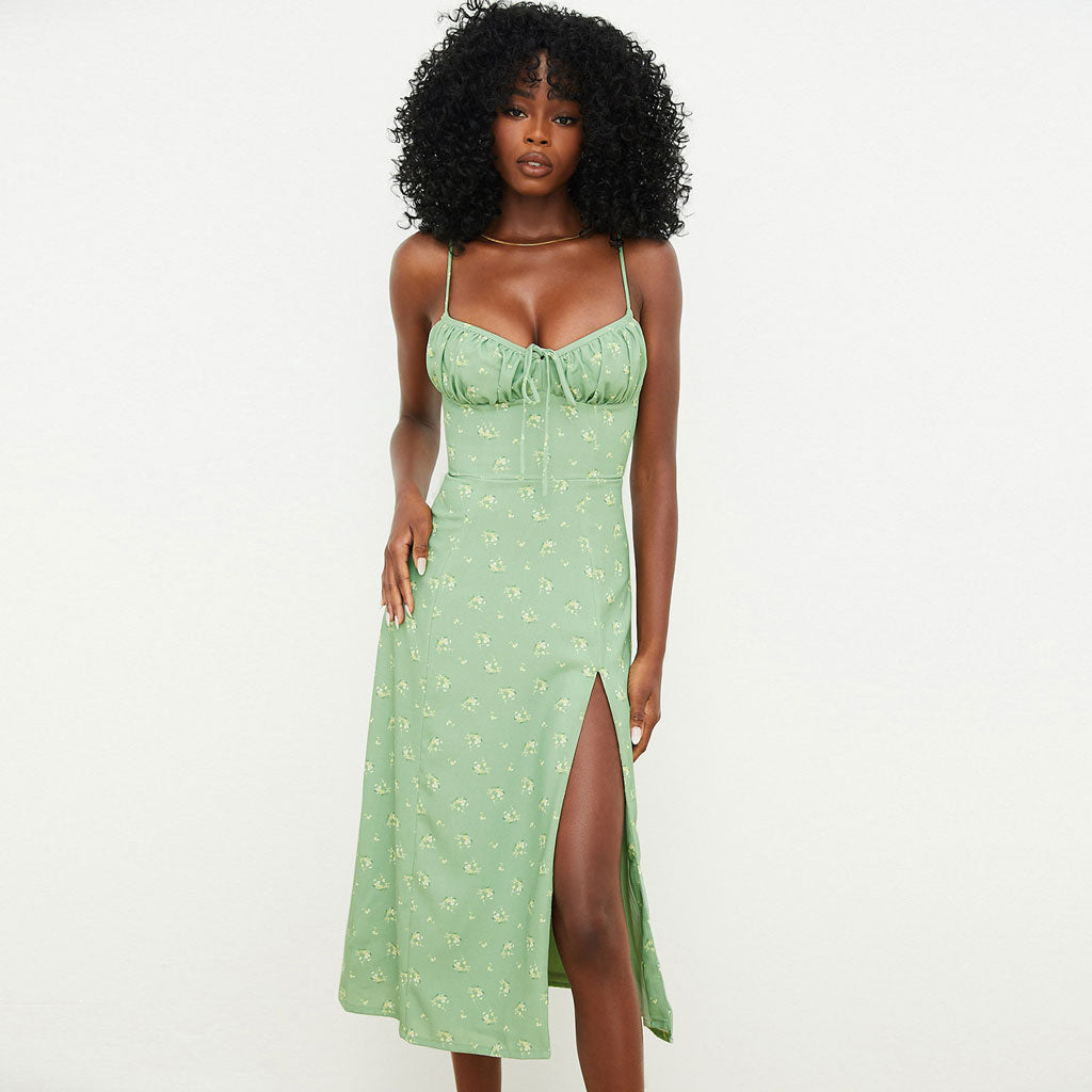 Tied Bustier High Slit Slip Midi Dress
