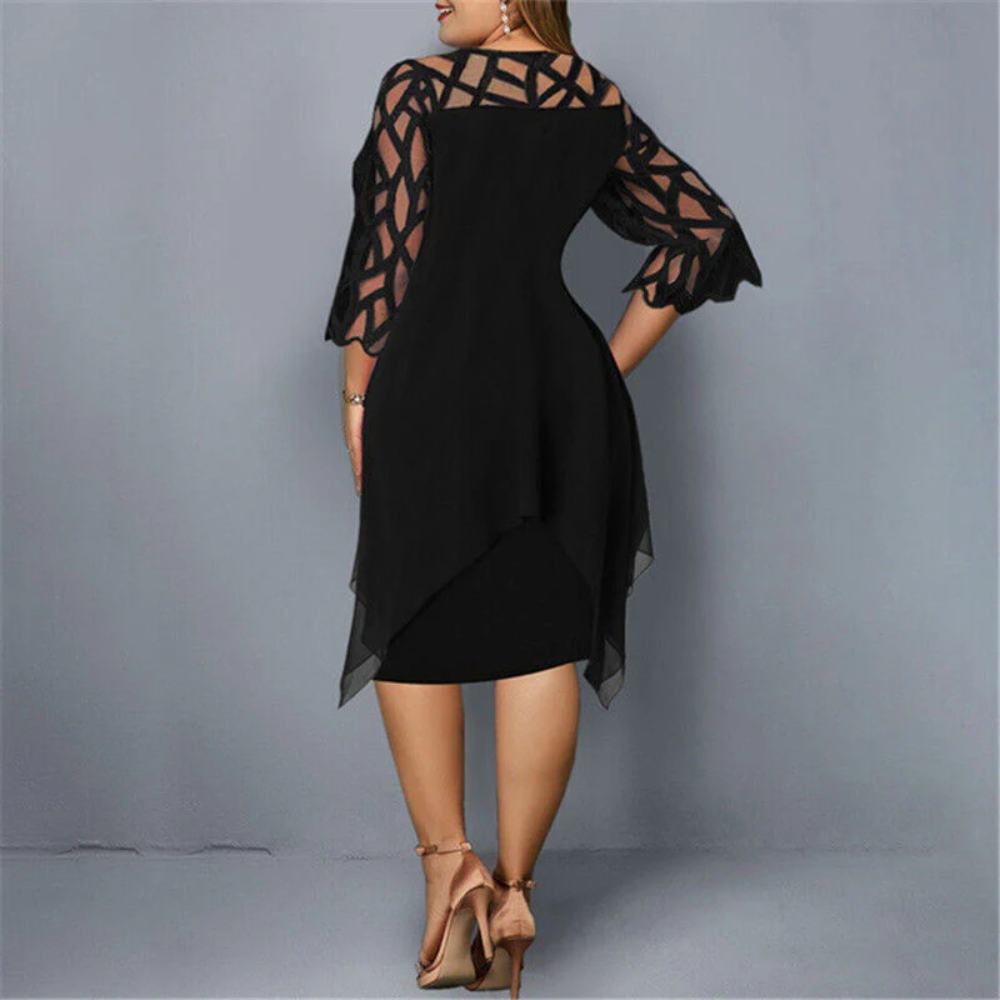 Round Neck Lace Sleeve Chiffon Overlay Sheath Midi Dress - View 2