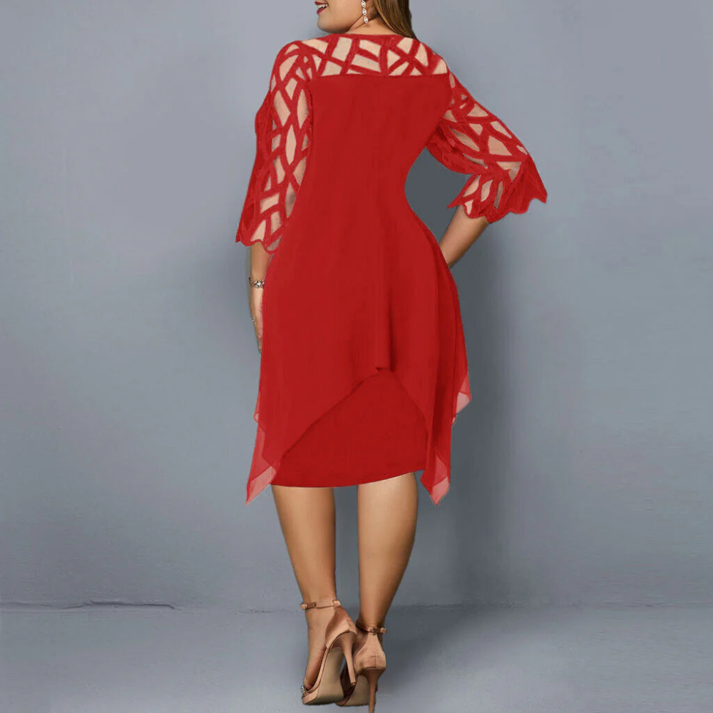 Round Neck Lace Sleeve Chiffon Overlay Sheath Midi Dress - View 4