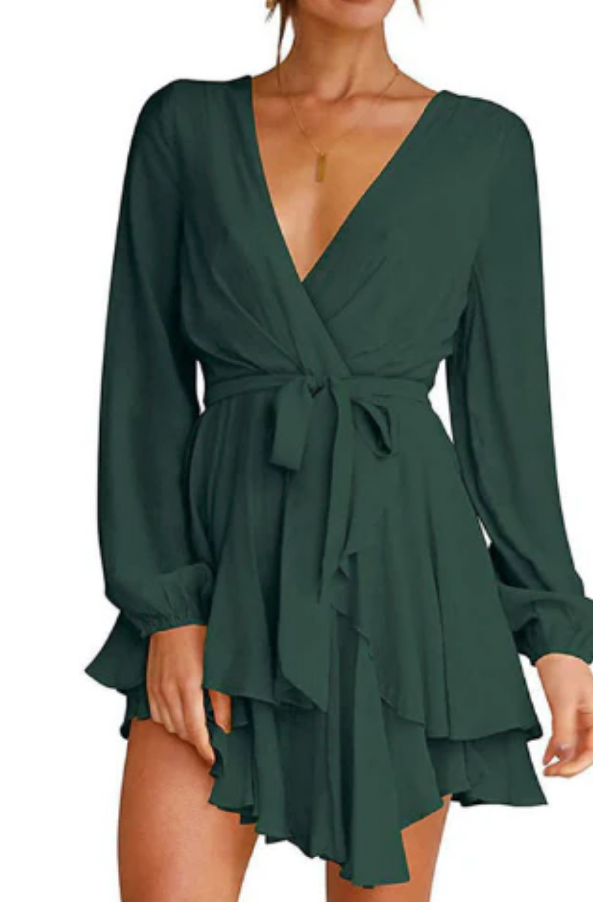 V-Neck Balloon Sleeve Wrap Ruffle Skirt Mini Dress 16