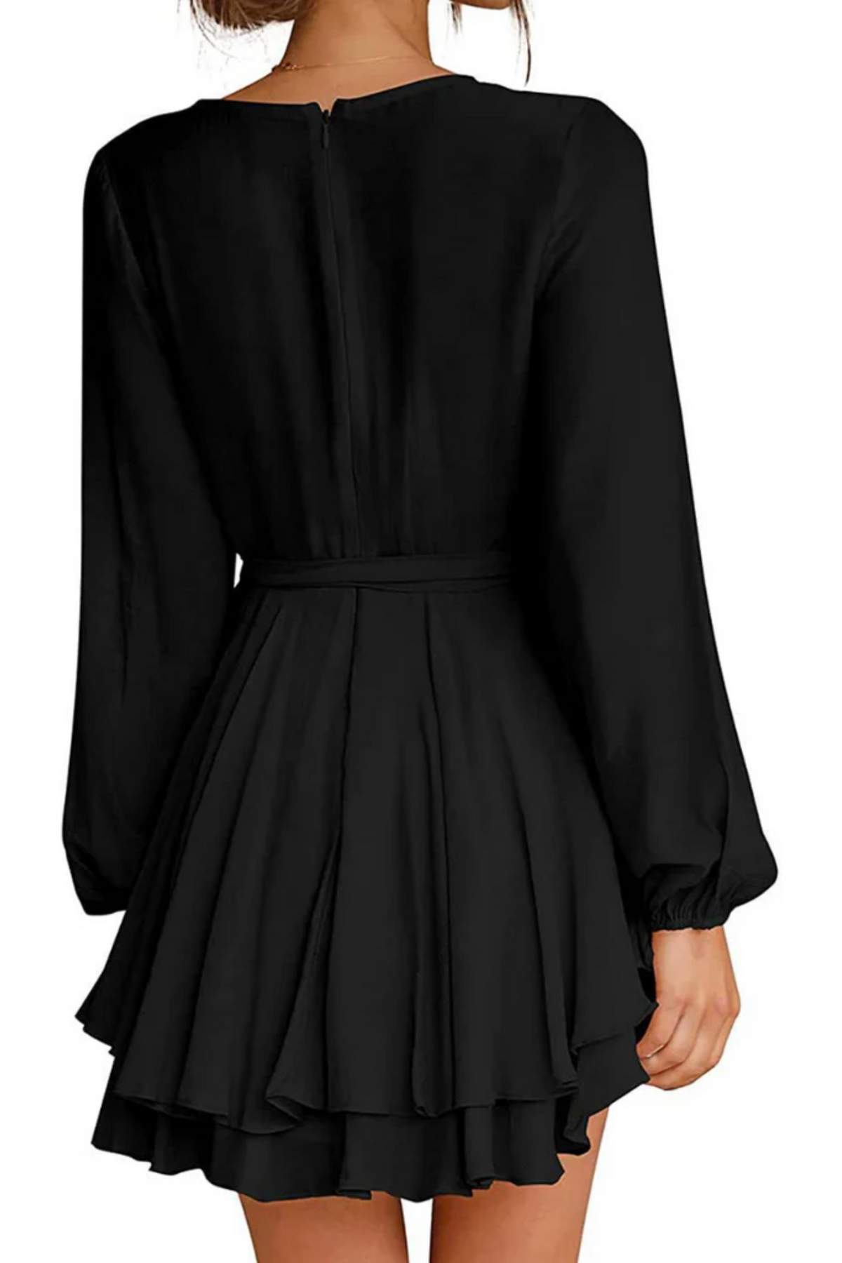 V-Neck Balloon Sleeve Wrap Ruffle Skirt Mini Dress 6