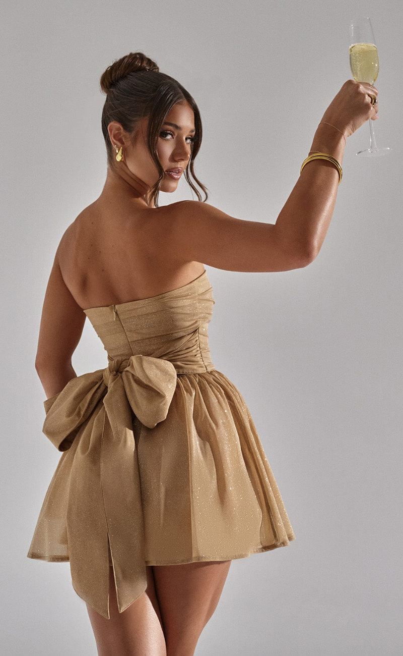 Glitter Strapless Ruched Tulle Fit and Flare Mini Dress - View 2