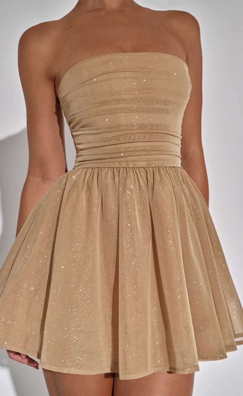 Glitter Strapless Ruched Tulle Fit and Flare Mini Dress - View 3