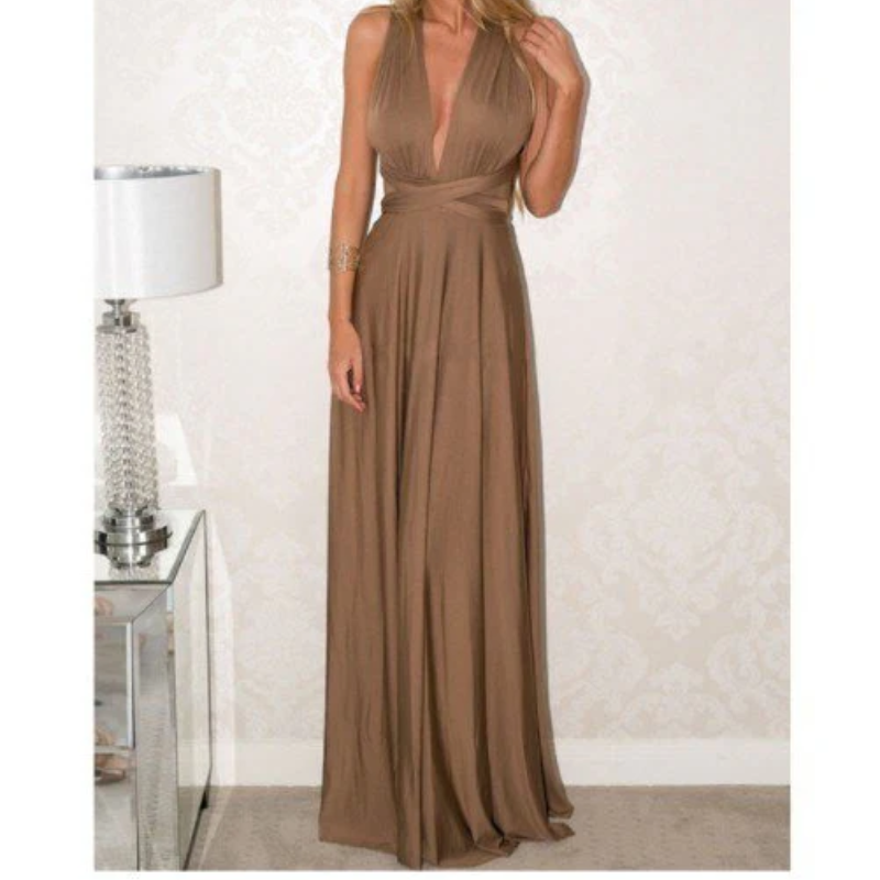 V-Neck Cross Back Ruched Waist Flowy Maxi Dress - View 4