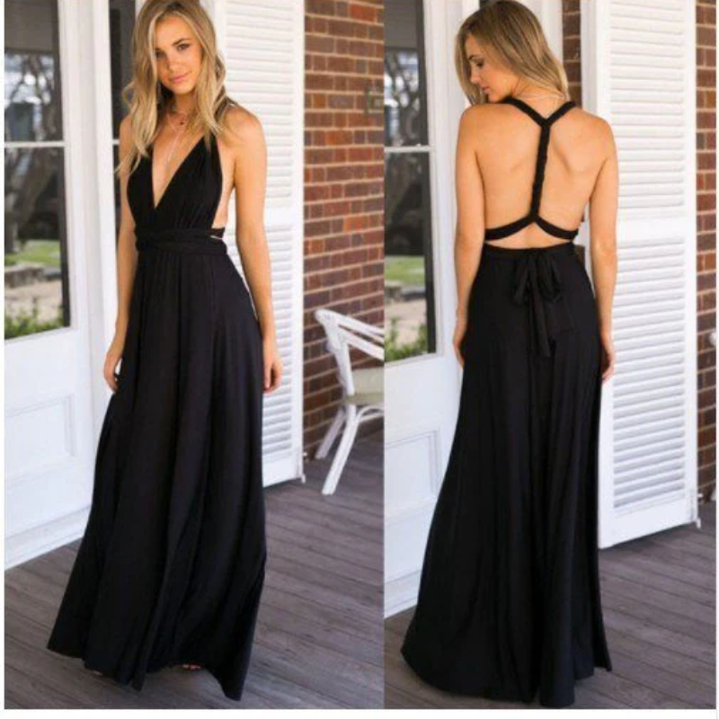 V-Neck Cross Back Ruched Waist Flowy Maxi Dress - View 7