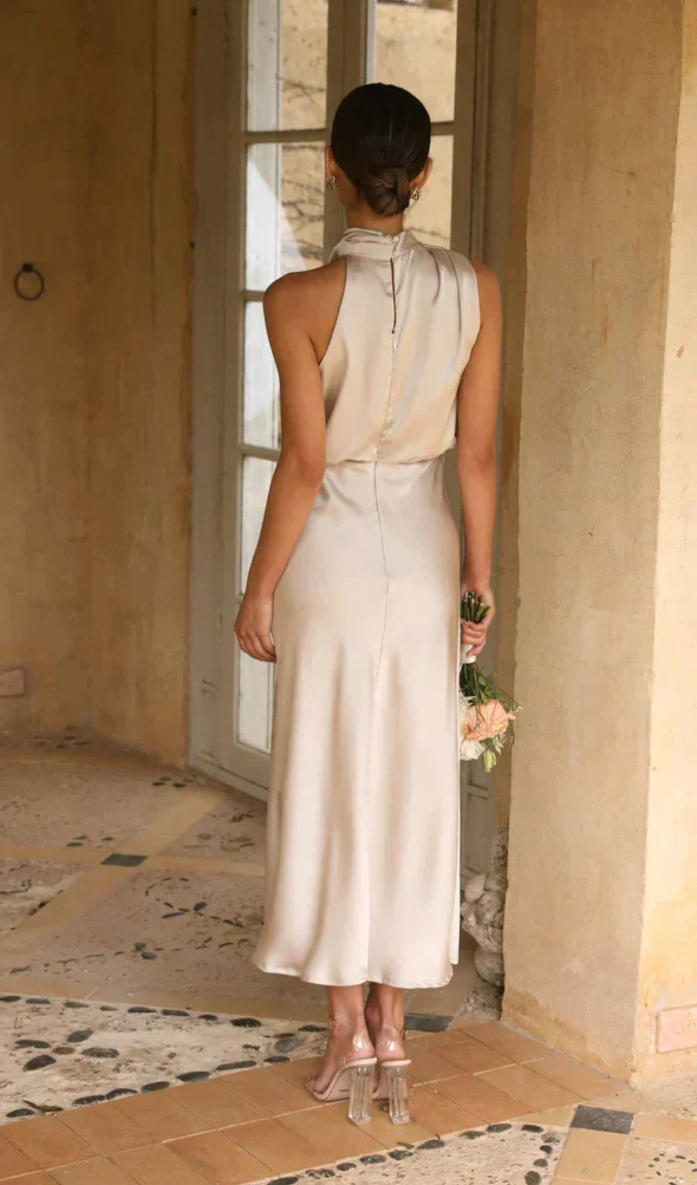 Satin Halter Neck Draped Bias-Cut Slip Midi Dress - View 7