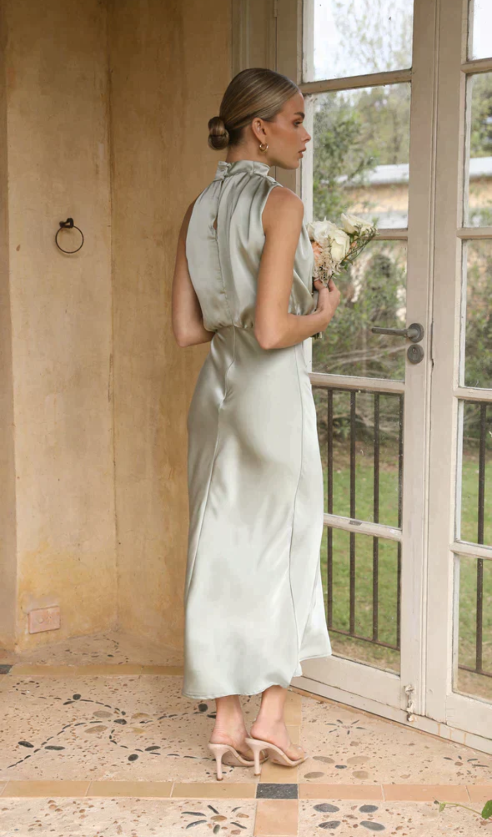 Satin Halter Neck Draped Bias-Cut Slip Midi Dress - View 3