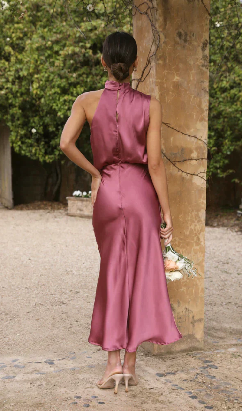 Satin Halter Neck Draped Bias-Cut Slip Midi Dress - View 4