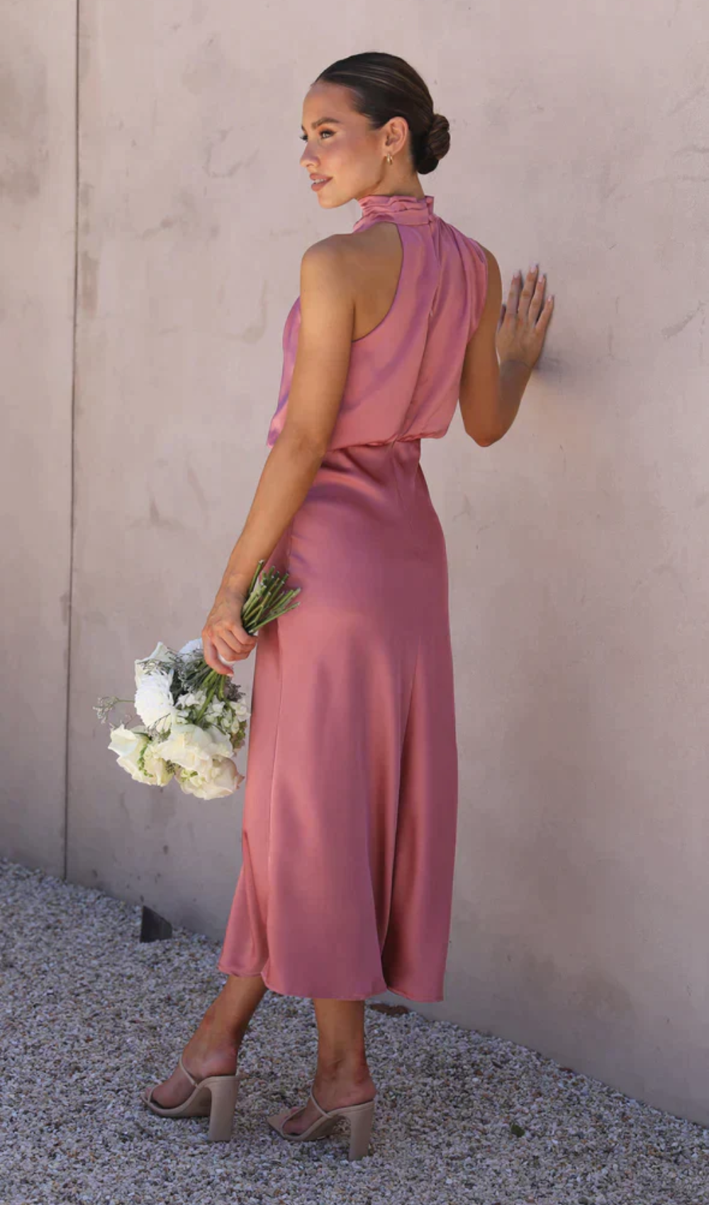 Satin Halter Neck Draped Bias-Cut Slip Midi Dress - View 5