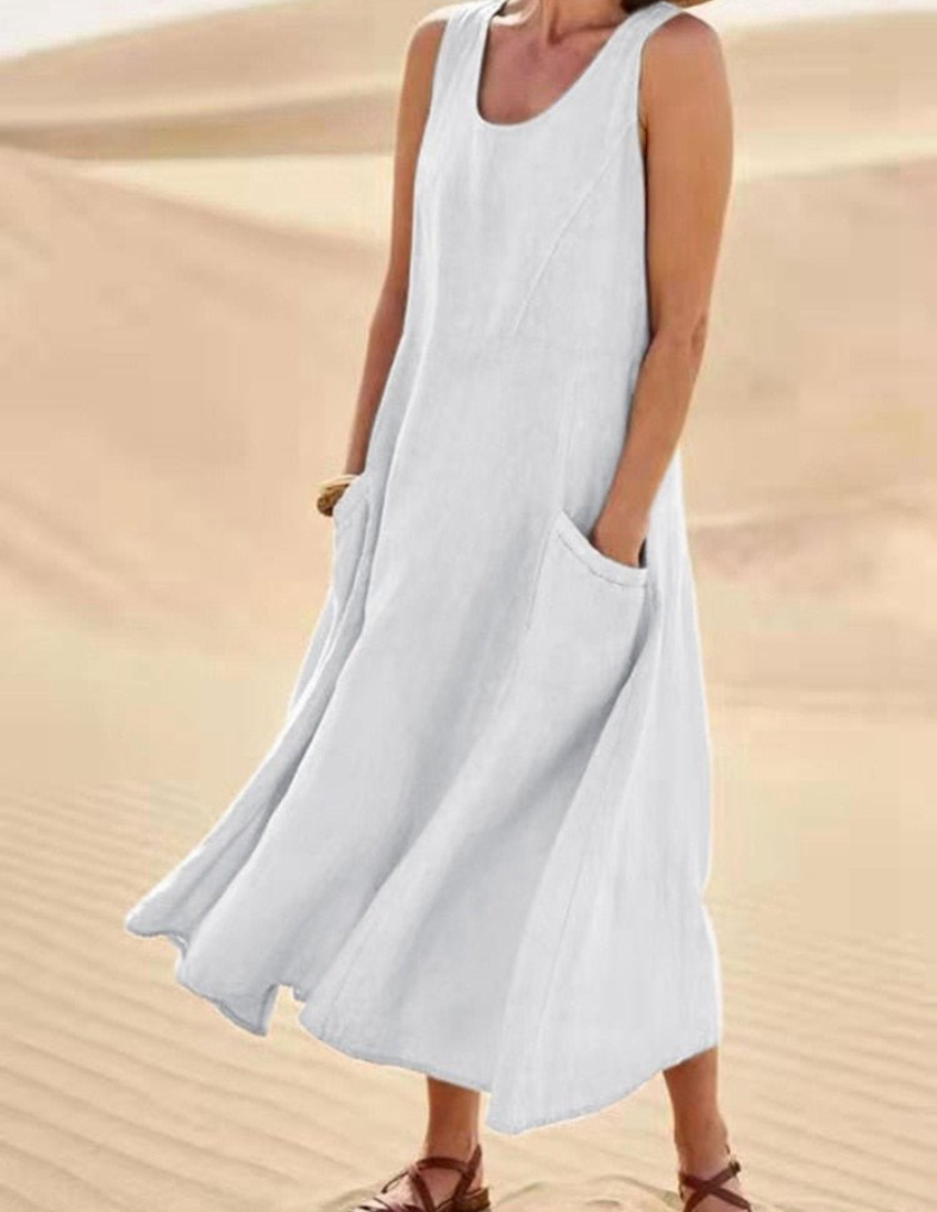 Sleeveless Scoop Neck Patch Pocket A-Line Summer Midi Dress - View 4