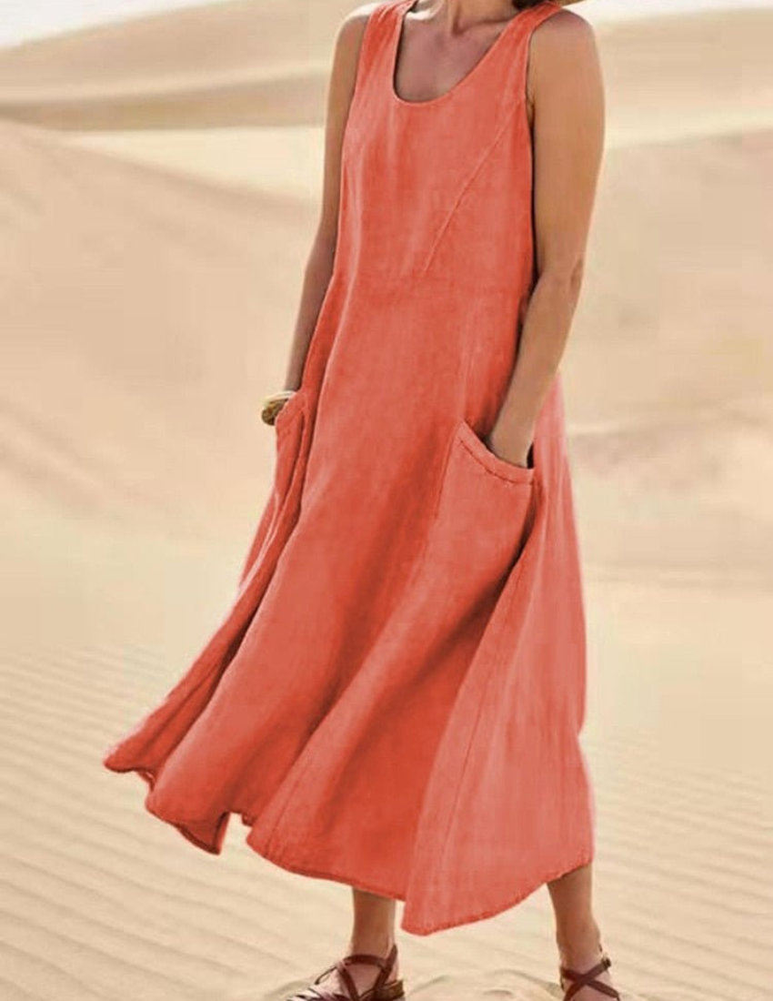 Sleeveless Scoop Neck Patch Pocket A-Line Summer Midi Dress - View 6