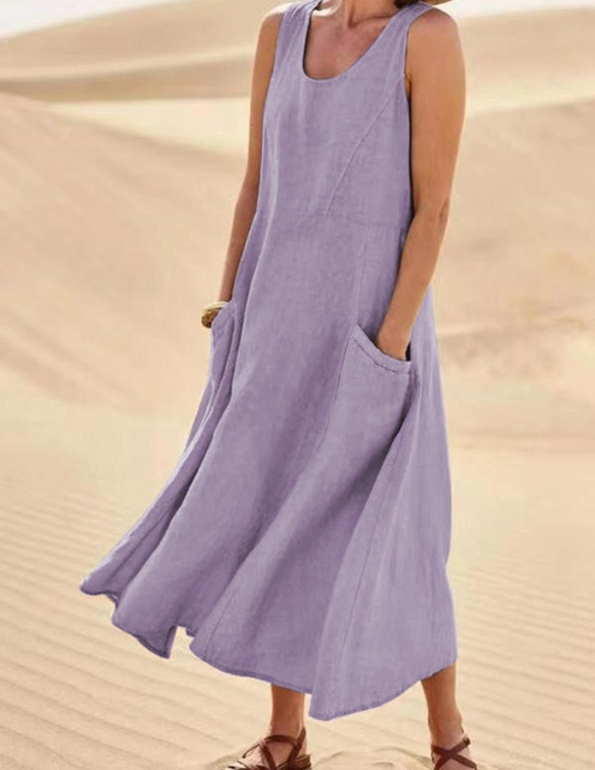 Sleeveless Scoop Neck Patch Pocket A-Line Summer Midi Dress - View 8