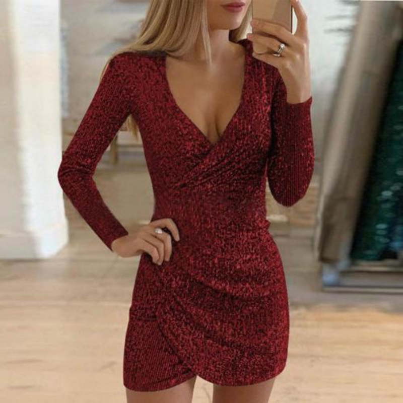 Sequin Deep V-Neck Long Sleeve Cold Shoulder Wrap Mini Dress - View 4