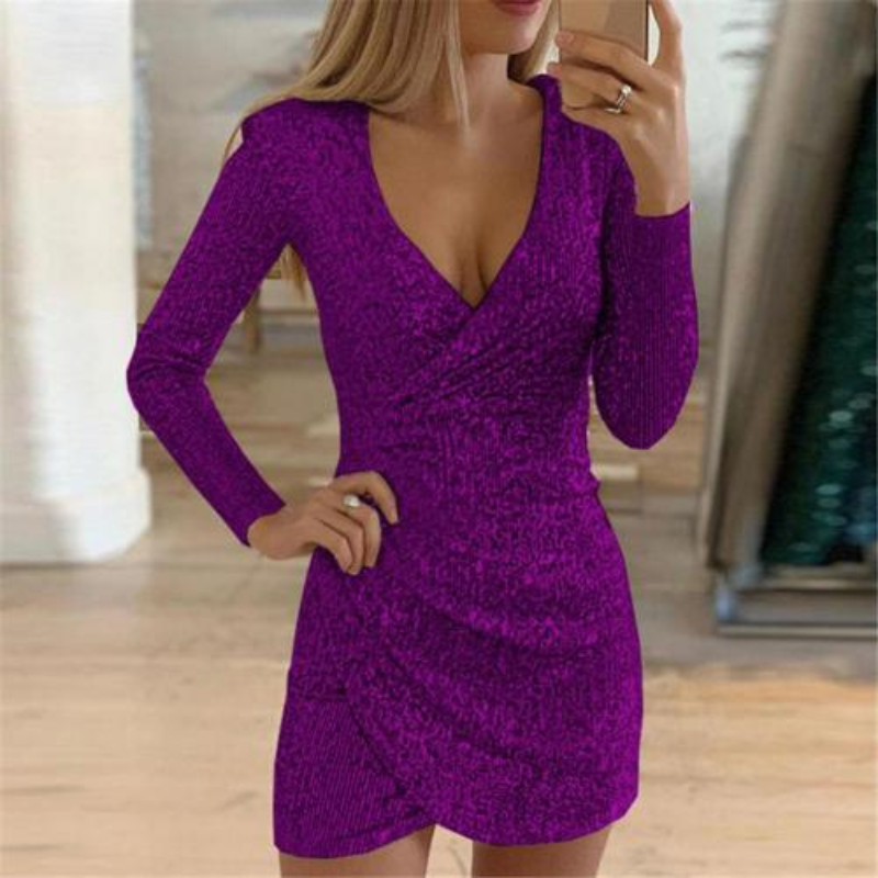 Sequin Deep V-Neck Long Sleeve Cold Shoulder Wrap Mini Dress - View 6