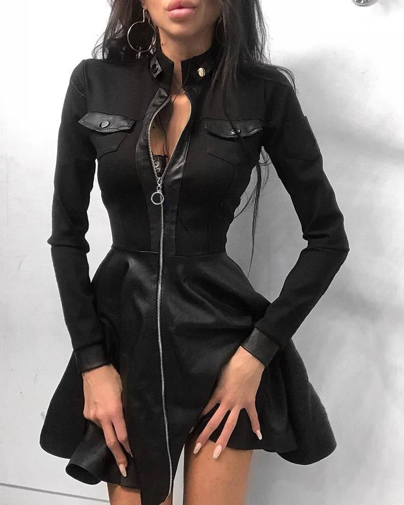 Mock Neck Long Sleeve Front Zip Faux Leather Skater Mini Party Dress