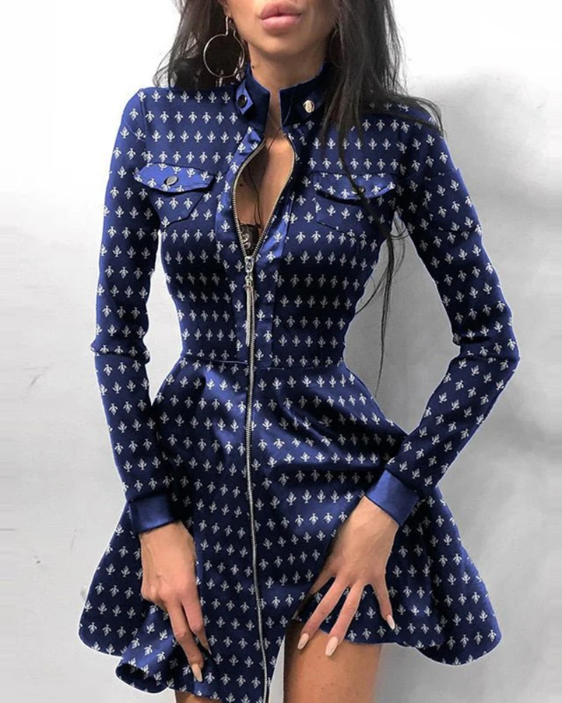 Mock Neck Long Sleeve Front Zip Faux Leather Skater Mini Party Dress - View 7