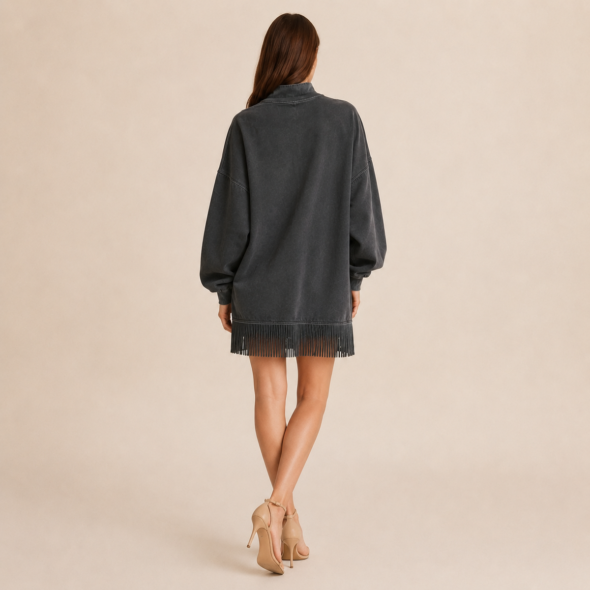Mock Neck Long Sleeve Fringe Hem Oversized Mini Dress 11