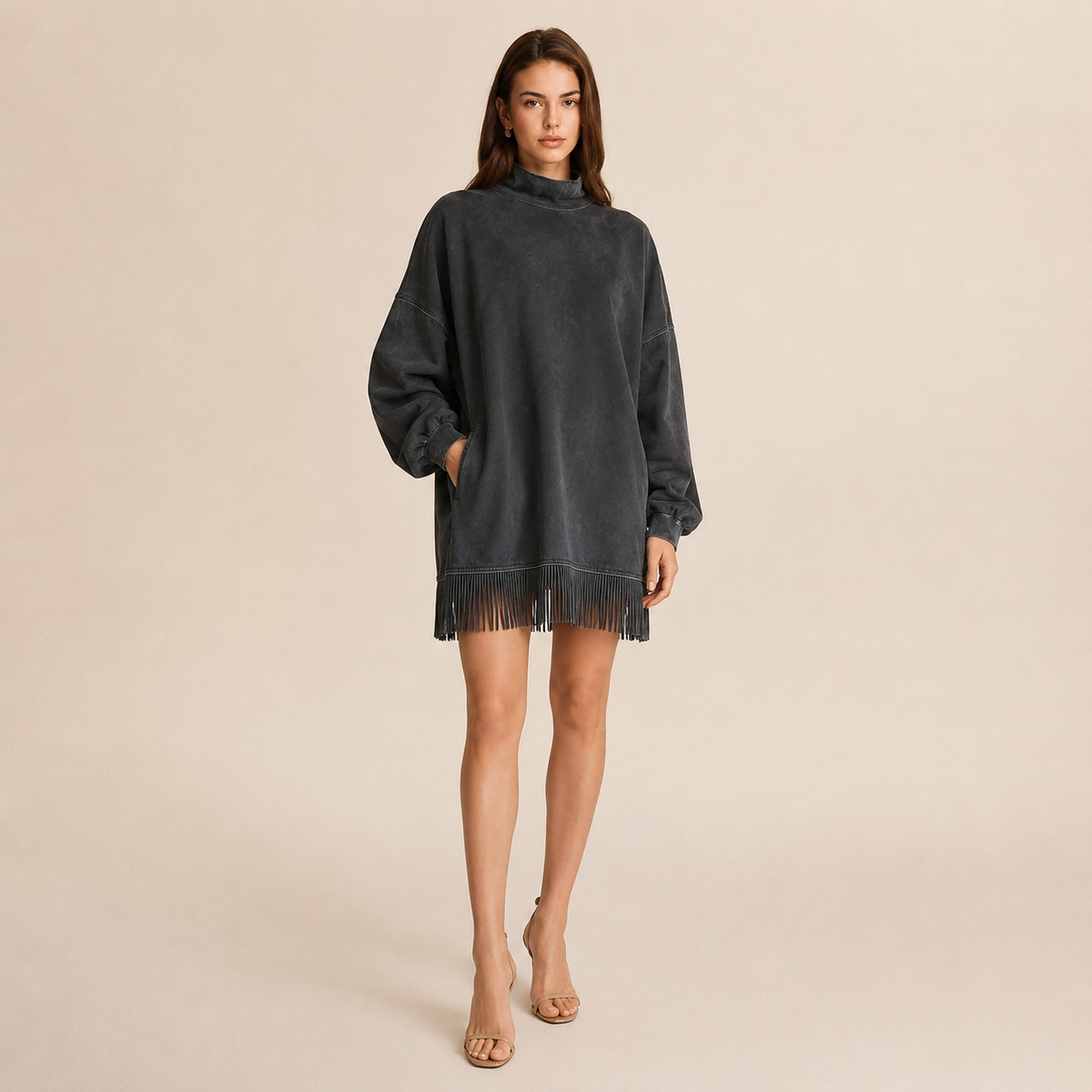 Mock Neck Long Sleeve Fringe Hem Oversized Mini Dress 9