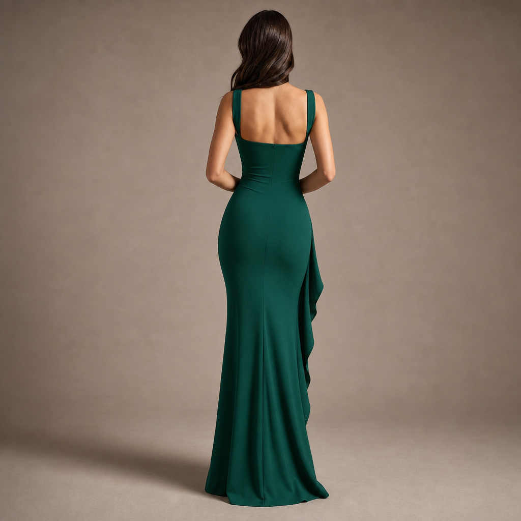 Square Neck Sleeveless Ruched High Split Fishtail Maxi Gown 18