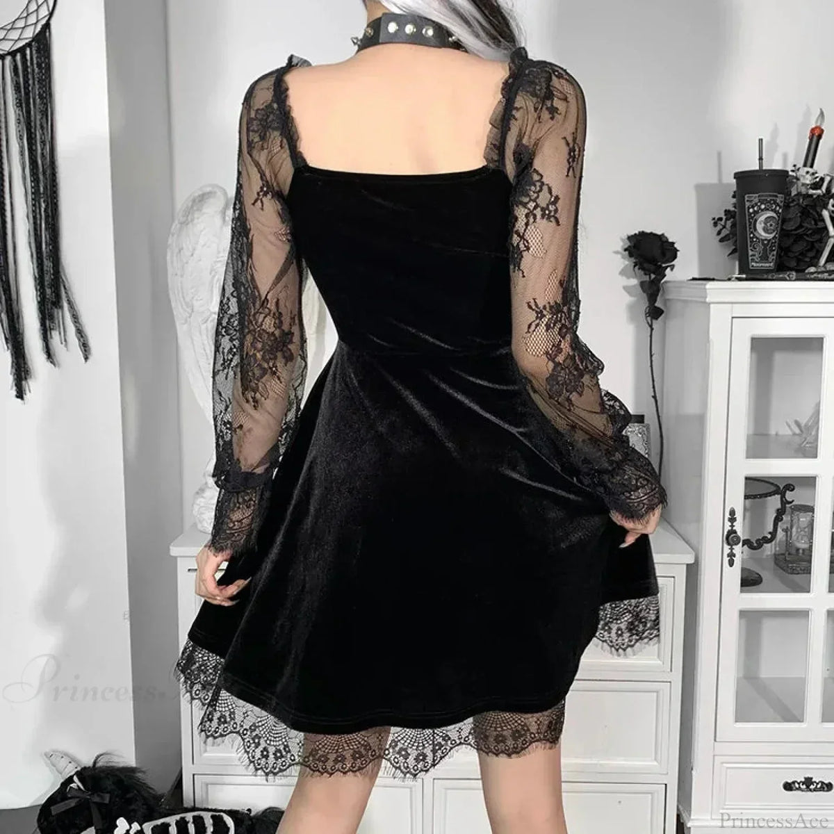 Velvet Sweetheart Lace Trim Long Sleeve Lace Hem A-Line Mini Dress - View 2