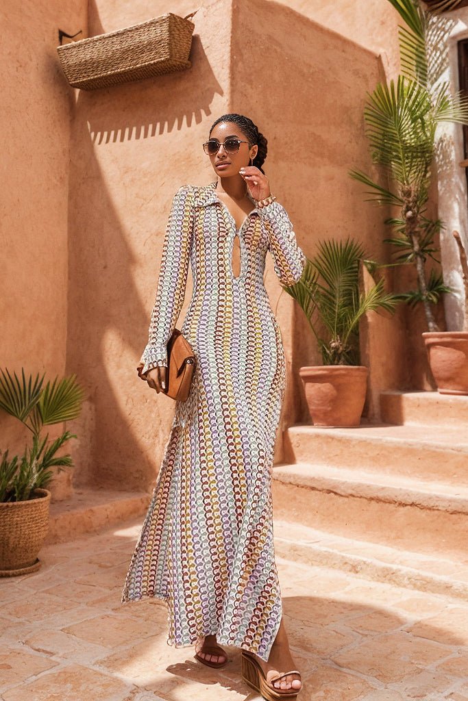 Crochet Collared Deep V-Neck Long Sleeve Open Knit Bodycon Maxi Dress - View 9