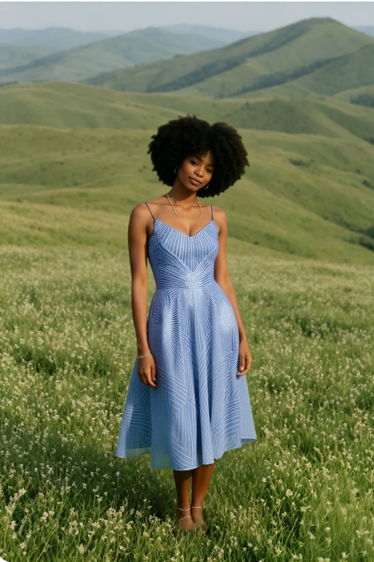 Glitter Spaghetti Strap V-Neck Fit and Flare Midi Dress