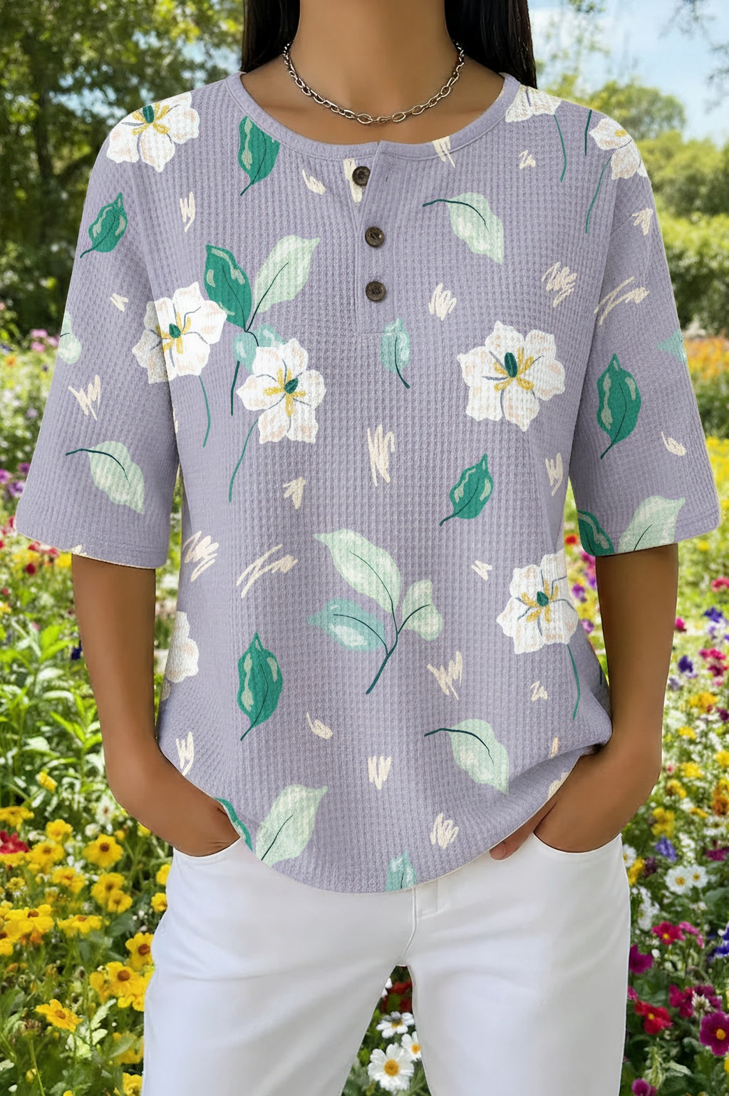 Scattered Floral Waffle Knit Short Sleeve Henley Top
