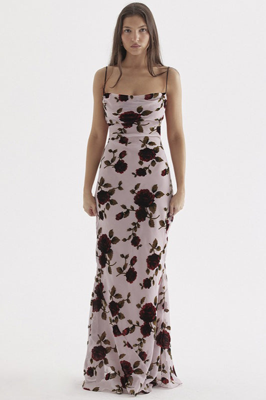 Floral Print Square Neck Spaghetti Strap Bodycon Maxi Dress - View 5