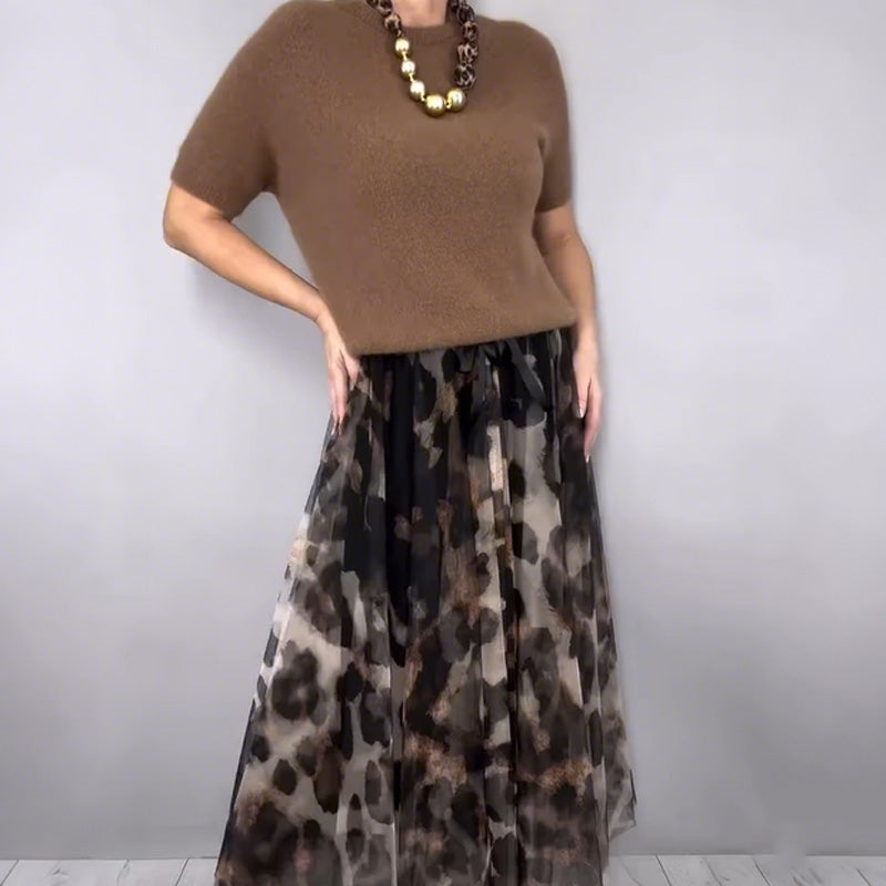 Short Sleeve Knit Top and Leopard Mesh Pleated Maxi Skirt Two Piece Set 2