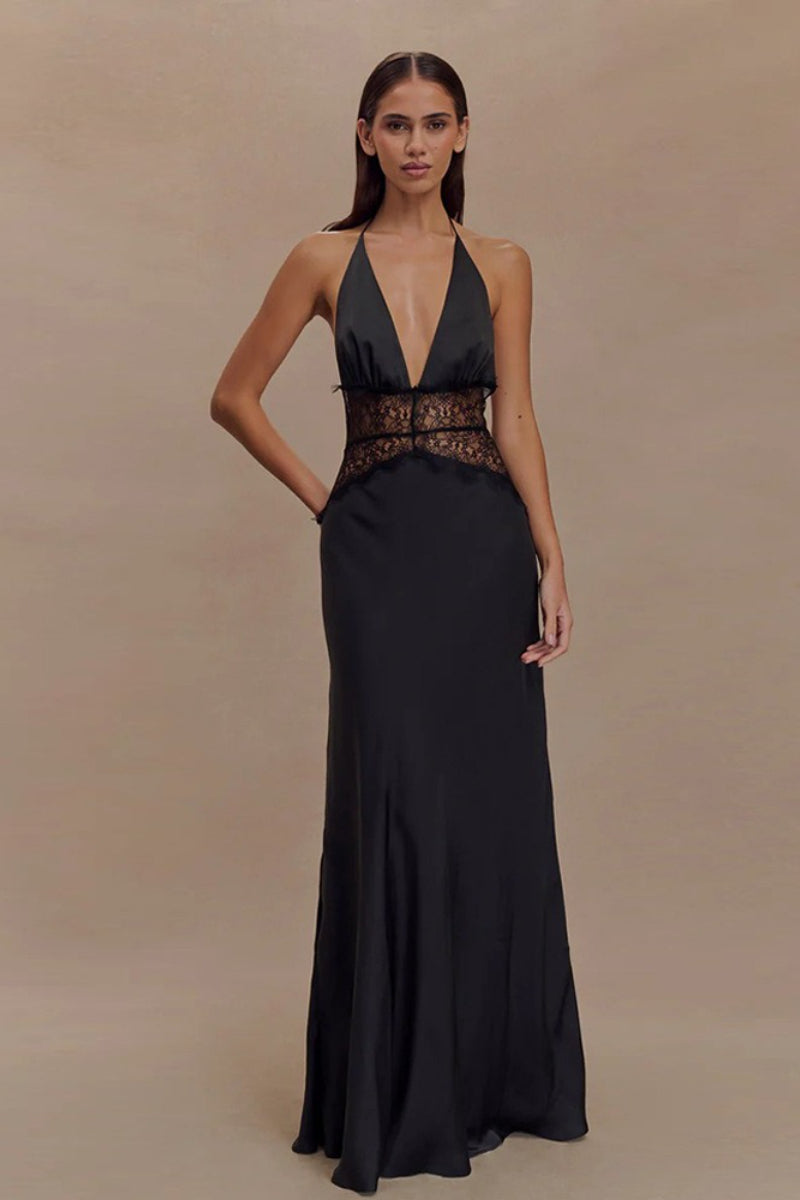 Satin Halter Neck Deep V-Neck Lace Trim Slip Maxi Dress - View 3