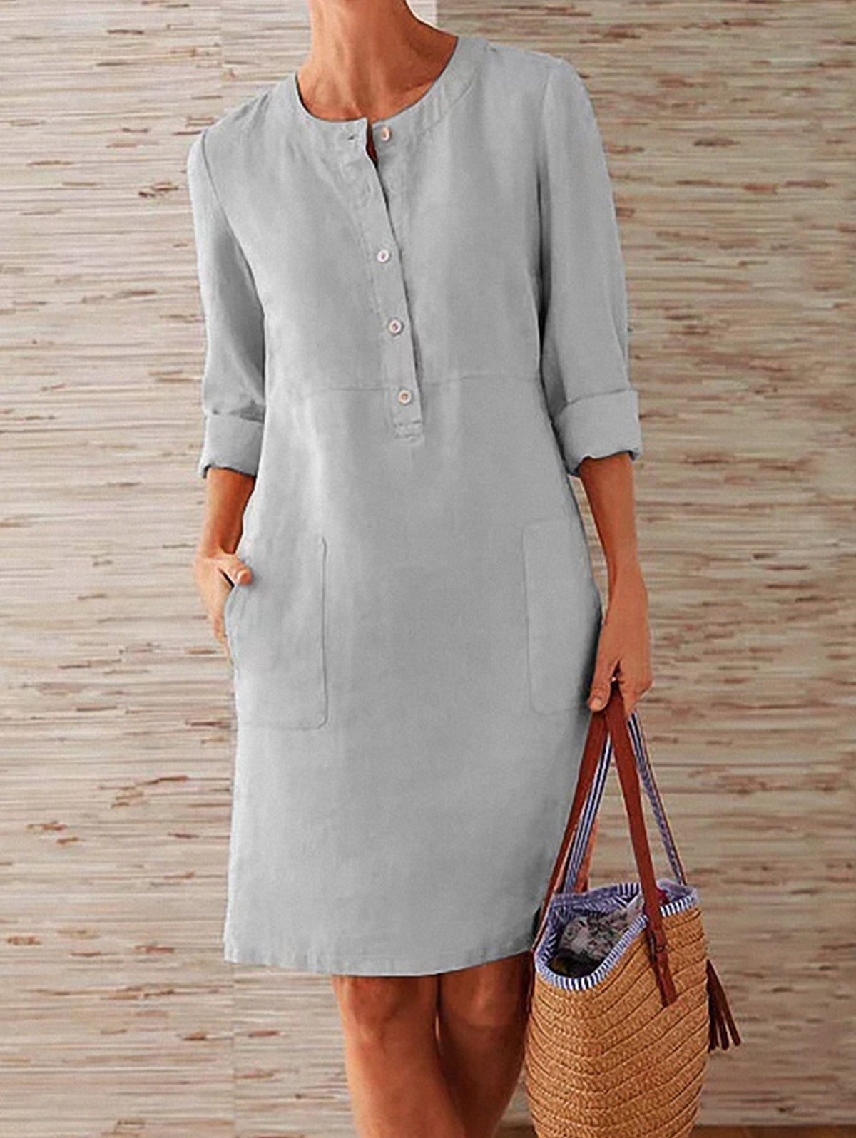 Button Front Round Neck Patch Pocket Three Quarter Shift Dress - View 3