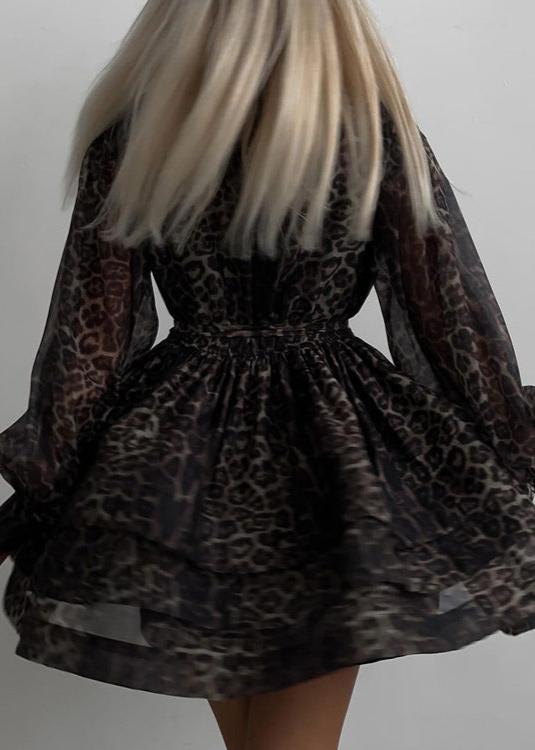 Animal Print Collar Long Sleeve Tiered Ruffle Chiffon Mini Dress - View 4