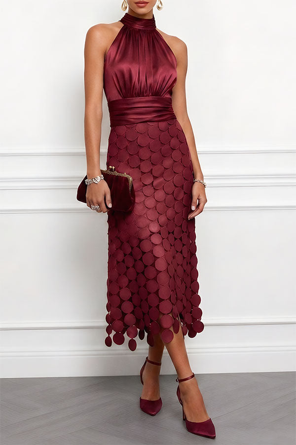 Halter Neck Satin Bodice Disc Paillette Midi Dress 5