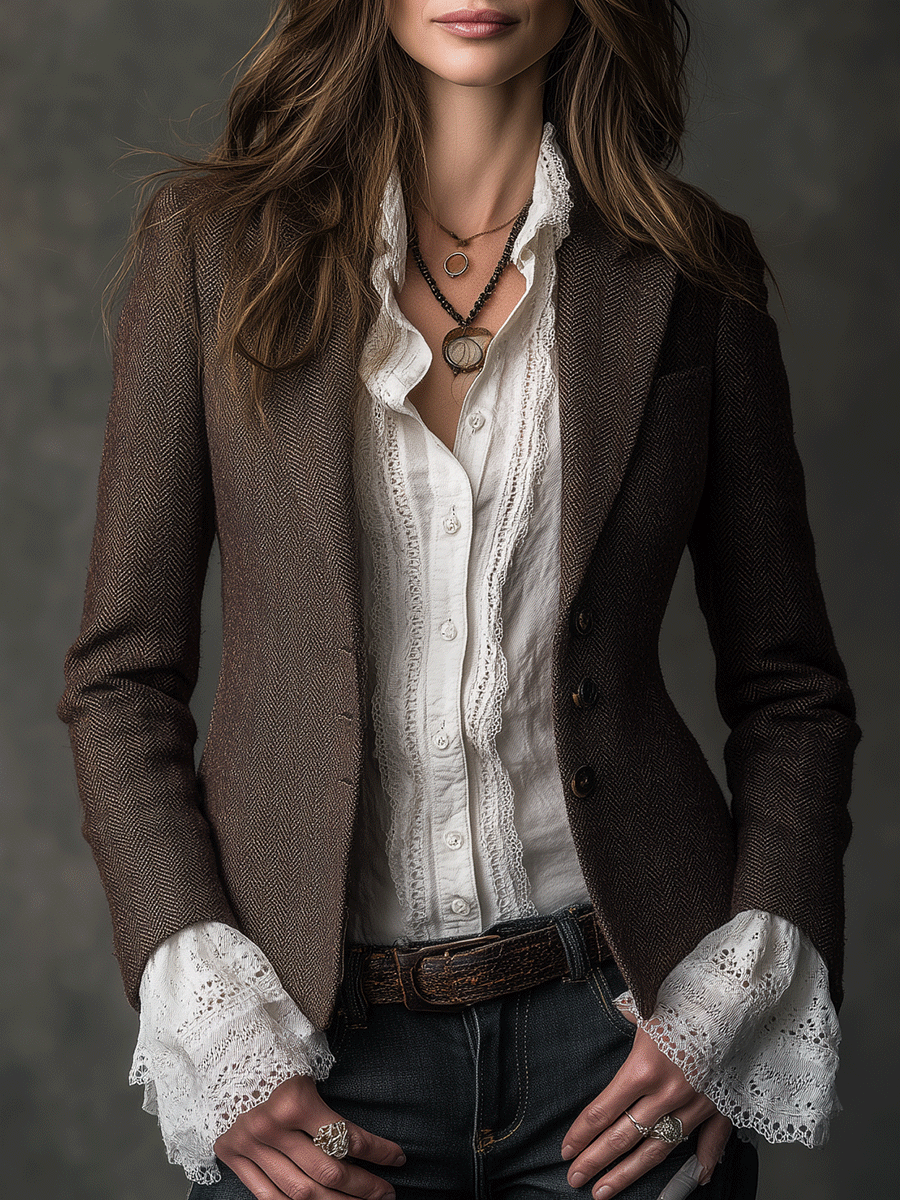 Herringbone Tweed Notch Lapel Tailored Blazer