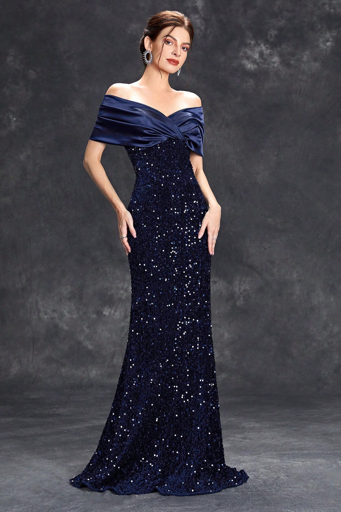 Off Shoulder Satin Wrap Sequin Mermaid Evening Gown 2