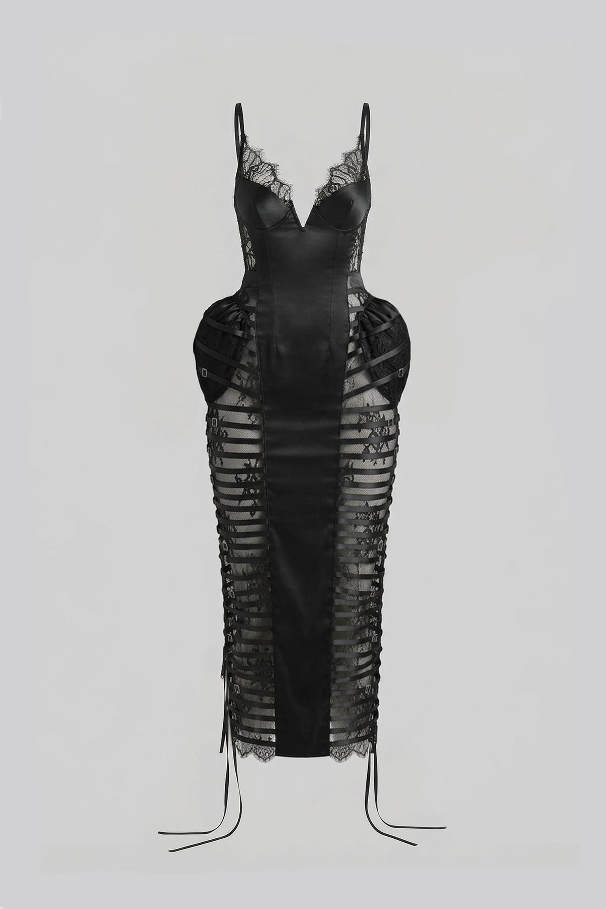 Lace-Trim Midi Dress With Sequin Sheer Side Panels - Black - View 2