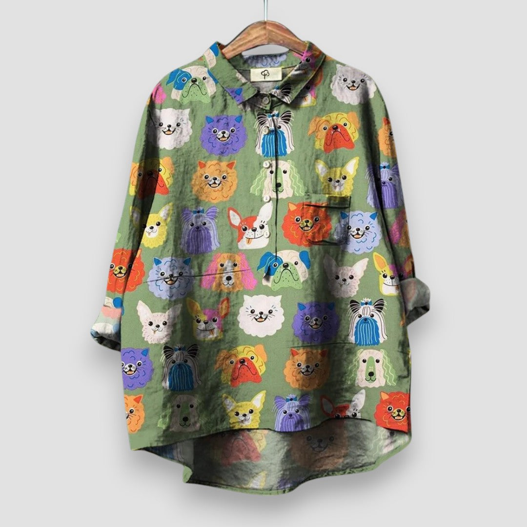 Dog Print Collared Long Sleeve Button Front High Low Shirt 3