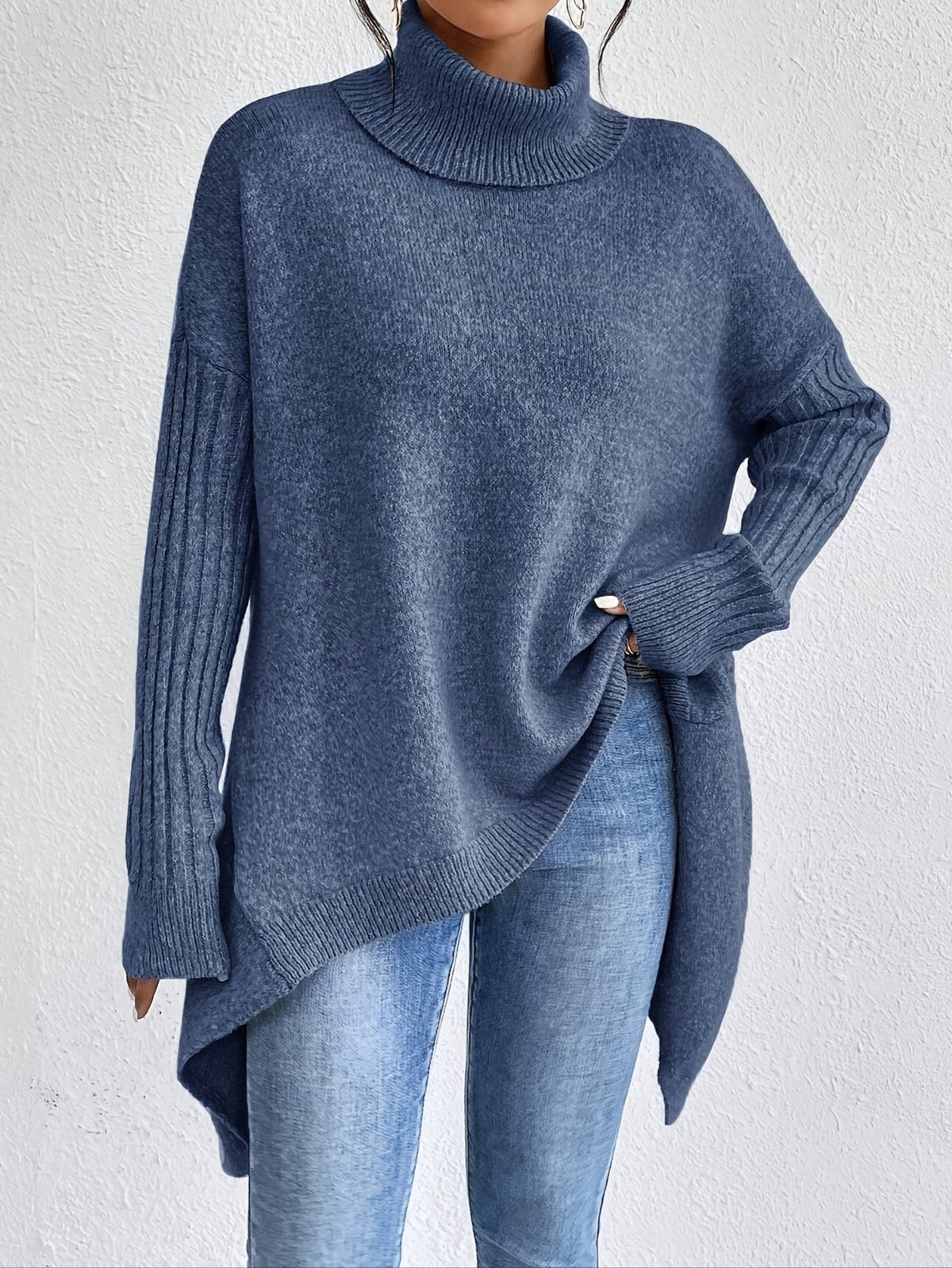 Turtleneck Drop Shoulder High Low Split Hem Oversized Sweater 10