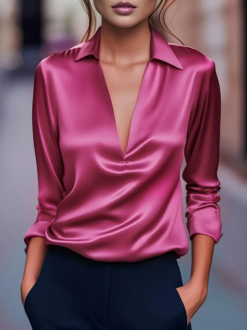 Collared Deep V-Neck Long Sleeve Satin Blouse 3