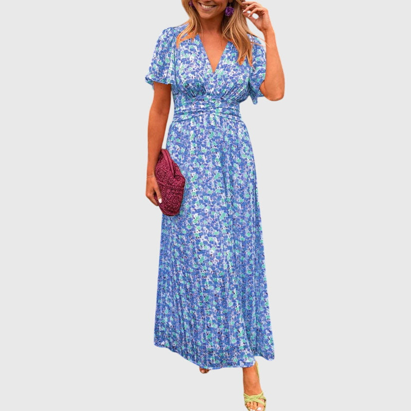 Floral V-Neck Flutter Sleeve Ruched Waist Maxi Dress 11