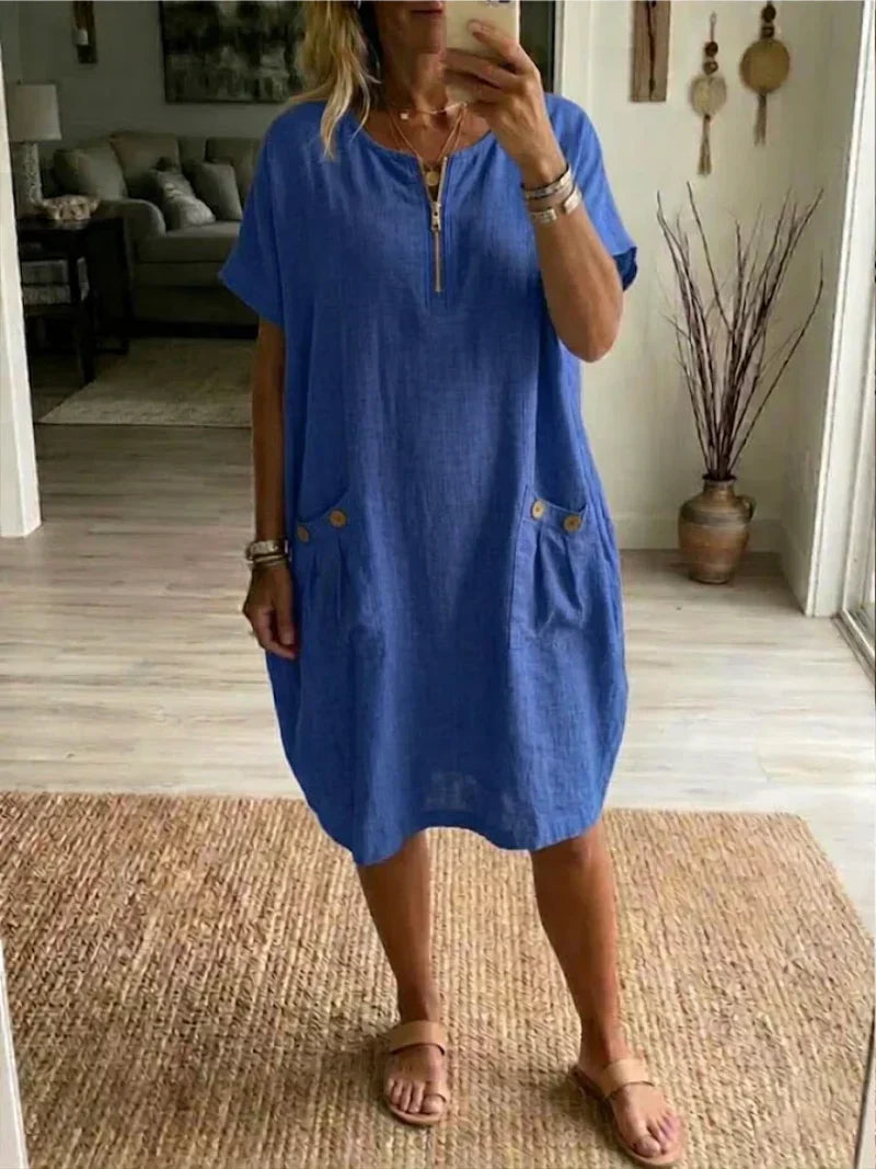 Zip Front Short Sleeve Pocket Linen Look Dress 3
