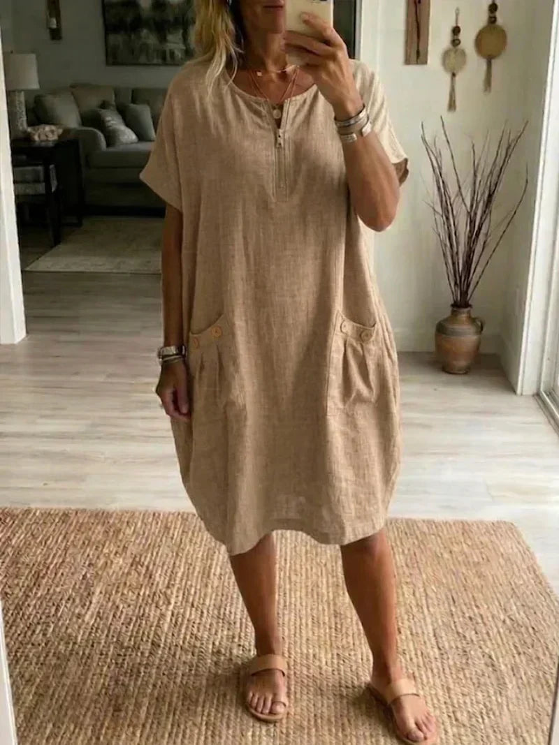 Zip Front Short Sleeve Pocket Linen Look Dress 5